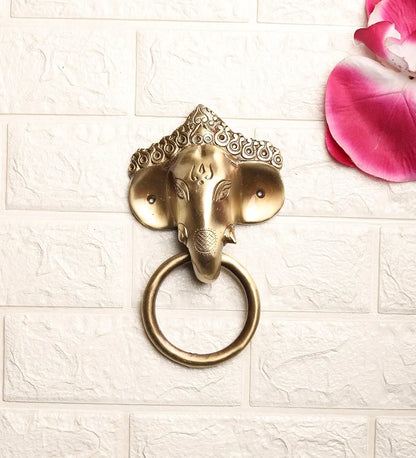Two Moustaches Brass Ganesha Mask Door Knocker Antique Brown