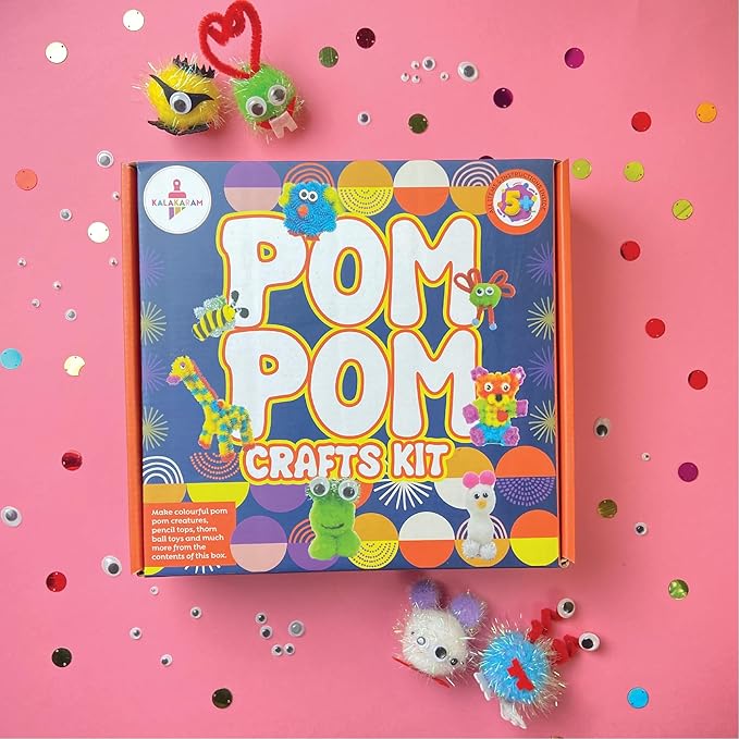 Kalakaram Diy Pom Pom Craft Kit for Kids | Create Adorable Pom Pom Crafts Using Pom Pom Balls | Pack of 250+ Pieces | Diy Kit for Kids