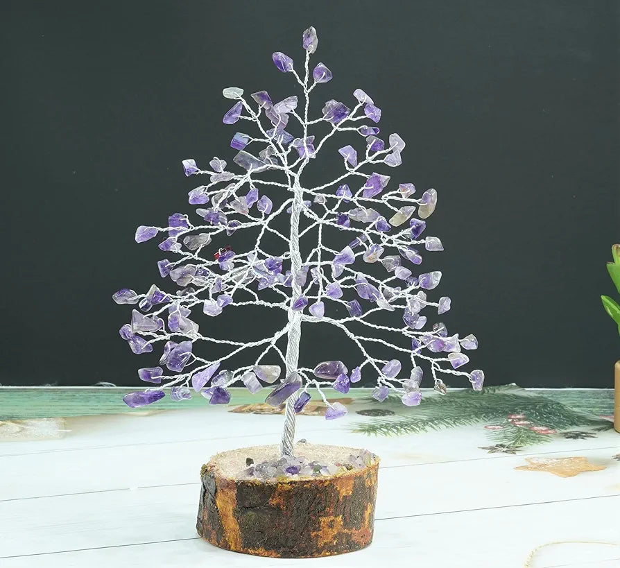 Crocon Amethyst Gemstone Money Tree Feng Shui Bonsai Silver Wire