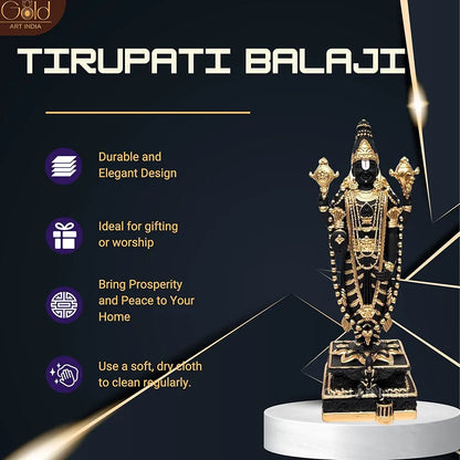 Gold Art India Lord Tirupati Balaji Black Terracotta Idol with Golden Color Work