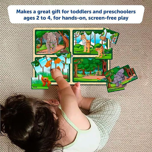 Mini Leaves Four 4 Piece Animal Jumbo Pieces Wooden Puzzle Set of 4 Chunky Animal Jigsaw Puzzle for Kids | Educational Puzzle Game