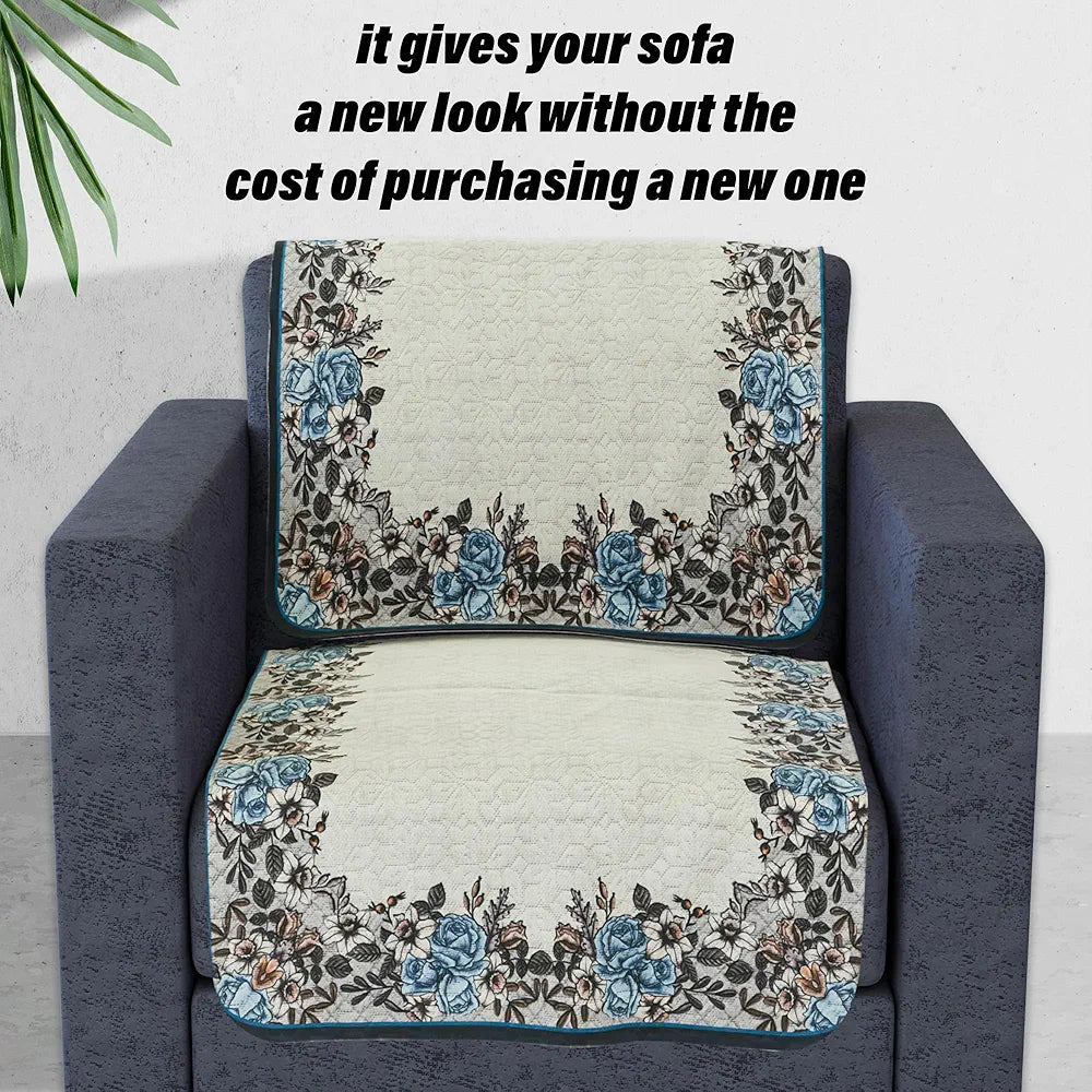 Kuber Industries 5-Seater Couch Cover Net Velvet Sofa Slip Cover Set Blue Gulab Border Crown Sofa Cover Cream