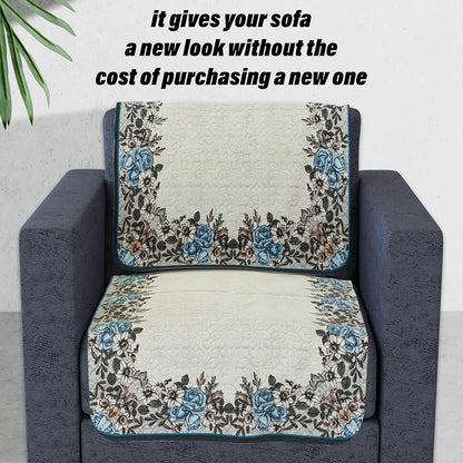 Kuber Industries 5-Seater Couch Cover Net Velvet Sofa Slip Cover Set Blue Gulab Border Crown Sofa Cover Cream
