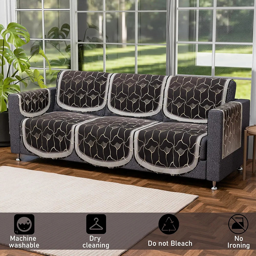 Kuber Industries Set of 16 Anti-Skid Sofa Cover 5-Seater with Arm Cover Arabica Look Brown & Golden Foil