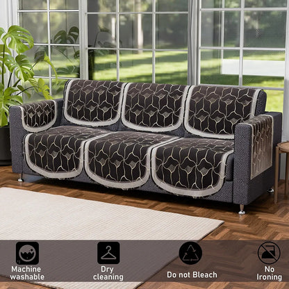Kuber Industries Set of 16 Anti-Skid Sofa Cover 5-Seater with Arm Cover Arabica Look Brown & Golden Foil