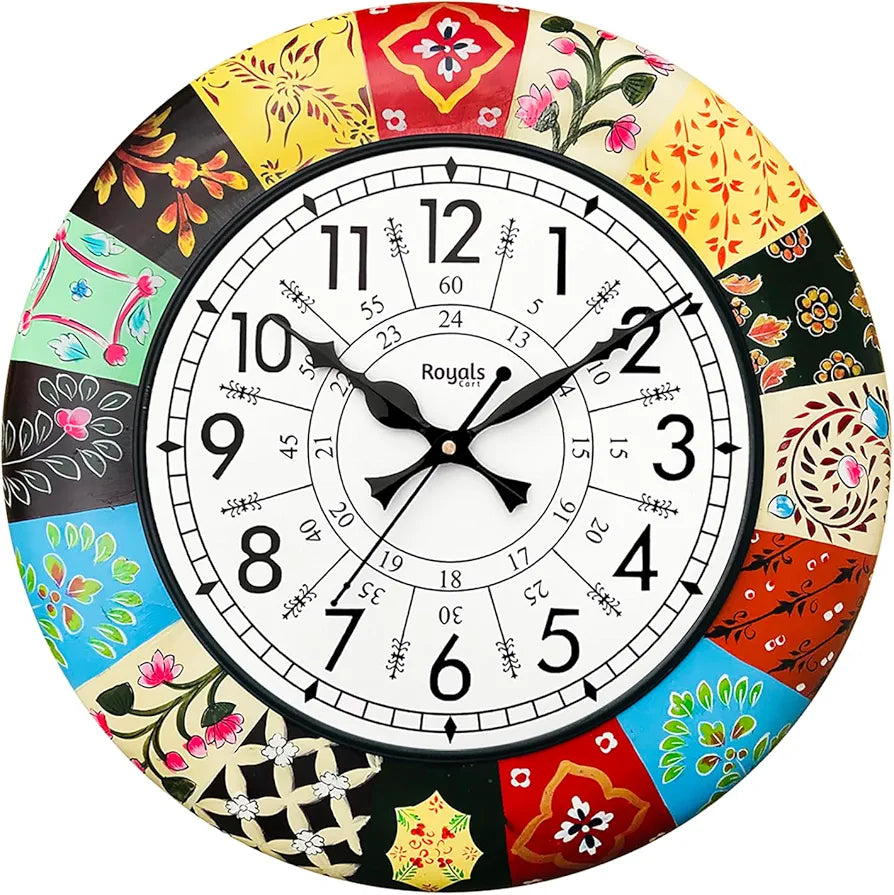 RoyalsCart Handcrafted Decorative Wall Clock with Morden Painting Multicolour Wooden Clock [KTWC186N] Multicolour Elegant Painting
