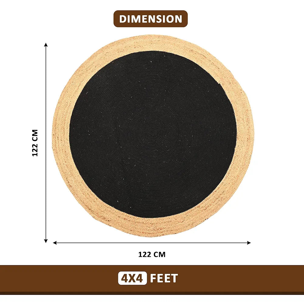 Kuber Industries 4x4 Feet Round Jute Rug & Carpet for Home Bedroom Beige & Black
