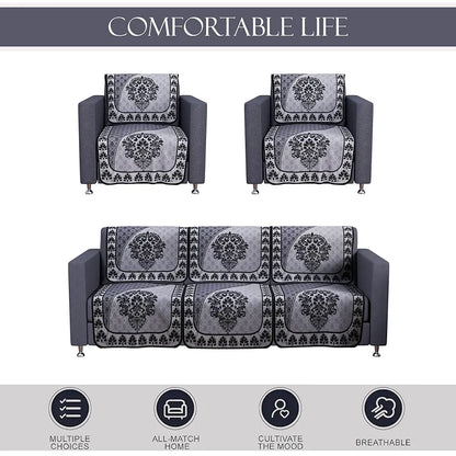 Kuber Industries Set of 10 Net Anti-Skid Sofa Cover 5-Seater Floral Print Black & Grey