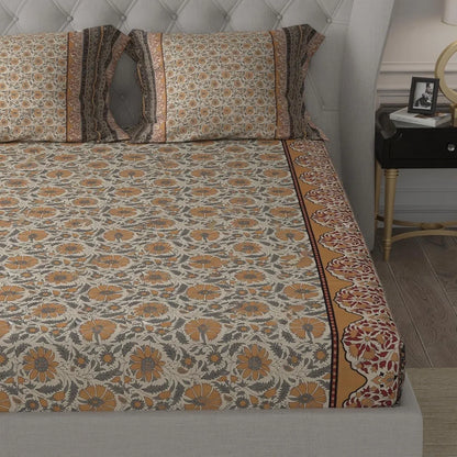 Cloth Fusion 186tc Glace Cotton Elastic Fitted Bedsheet for Double Bed King Size with 2 Pillow Covers Floral Beige