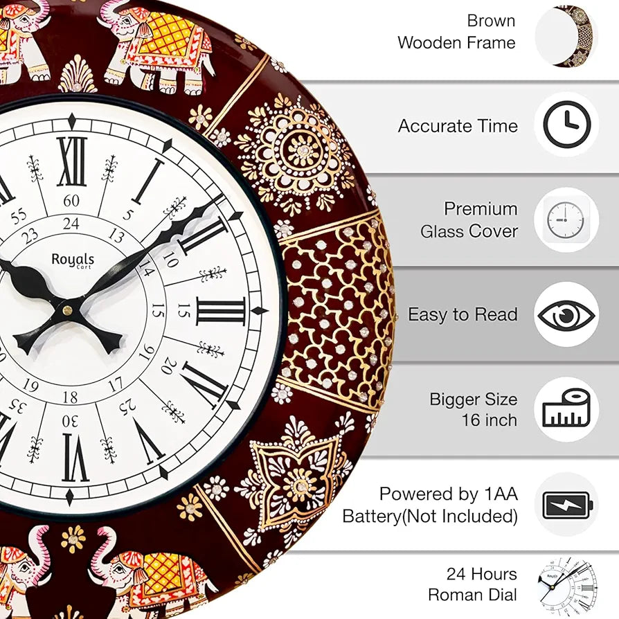 RoyalsCart Ethnic Handcrafted Decorative Analog Wall Clock with Rajasthani Elephant Painting Brown Wooden Clock [KTWC191D] Elephant Designer Painting