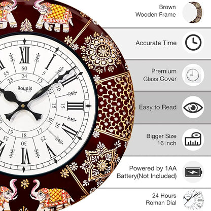RoyalsCart Ethnic Handcrafted Decorative Analog Wall Clock with Rajasthani Elephant Painting Brown Wooden Clock [KTWC191D] Elephant Designer Painting