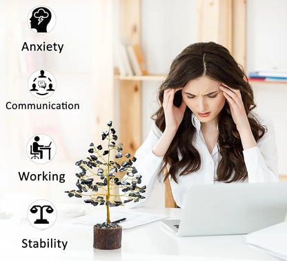 Crocon Black Tourmaline Gemstone Money Tree Feng Shui Bonsai Golden Wire