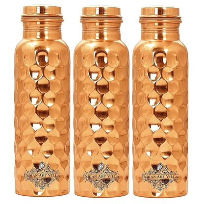 Indian Art Villa Pure Copper Water Bottle with Diamond Hammered Design Design