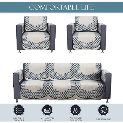 Kuber Industries Set of 16 Velvet Anti-Skid Sofa Cover 5-Seater with Arm Cover Dot Border Grey & Blue