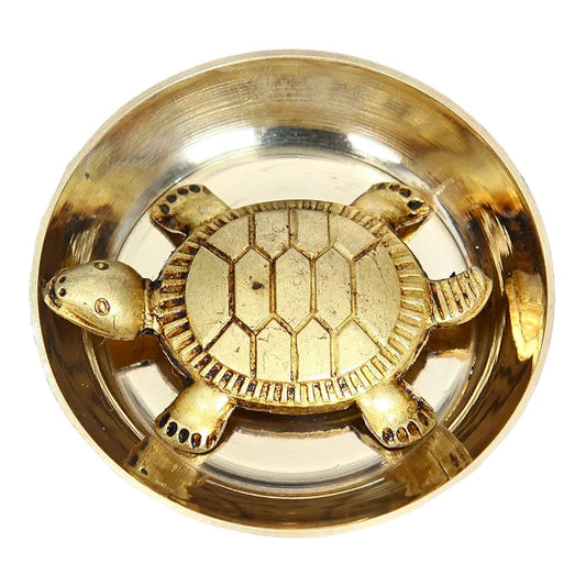 Anciently Feng Shui Tortoise for Good Luck | Brass Tortoise with Plate, Small Size, Brass, Gold Colour, 1 Set, Religious