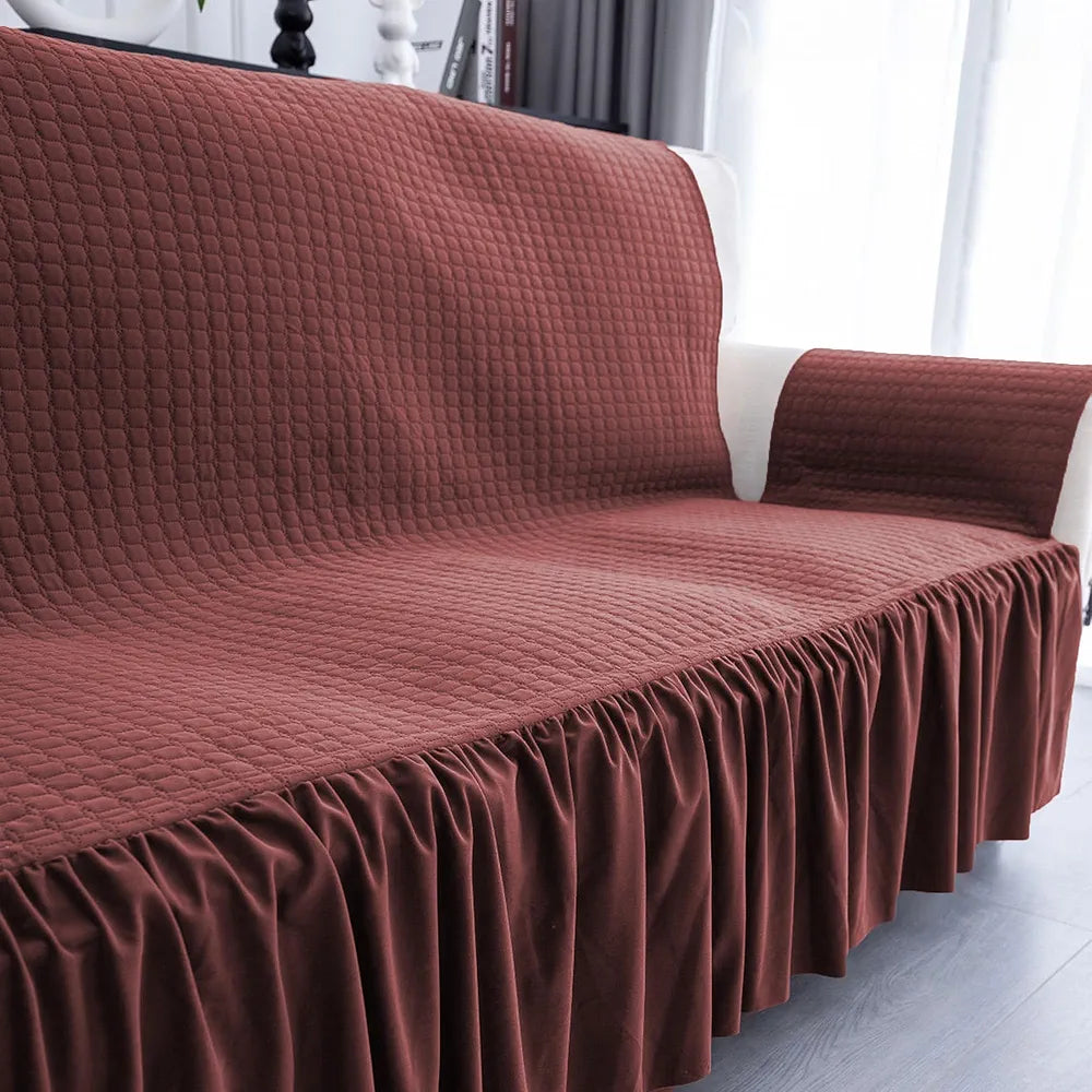 Kuber Industries Soft Velvet Quilted Single Seater Sofa Cover with Pocket Arms Frill Maroon