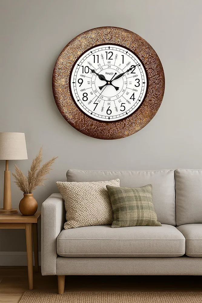 RoyalsCart Ethnic Handcrafted Designer Wall Clock with Decorative Metal Golden Antique Wooden Wall Clock [KTWC213N] Golden Decorative Metal