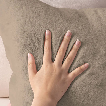 Luxe Home Cushion Cover One Side Rabbit Fur Plain Design Covers Set of 2 Colour Taupe