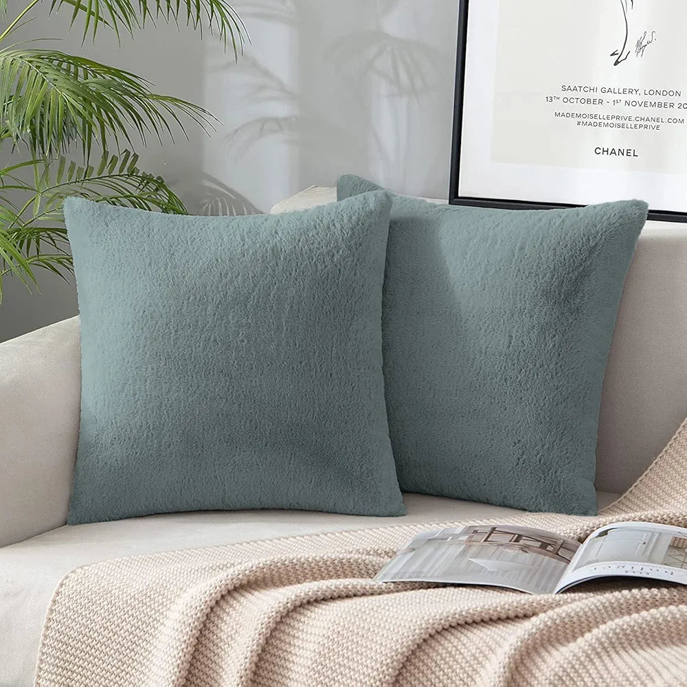 Luxe Home Cushion Cover One Side Rabbit Fur Plain Design Covers Set of 2 Colour Seige