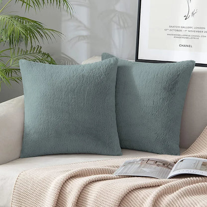 Luxe Home Cushion Cover One Side Rabbit Fur Plain Design Covers Set of 2 Colour Seige