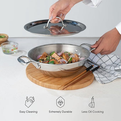 Stahl Artisan Triply Stainless Steel Kadhai With Lid | Kadai for Cooking | Induction & Gas Stove Compatible | 8 Litres | 34 Cm