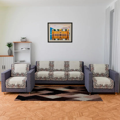 Kuber Industries Sofa Cover Set 5-Seater Couch Cover Brown Gulab Border Crown Sofa Cover Cream