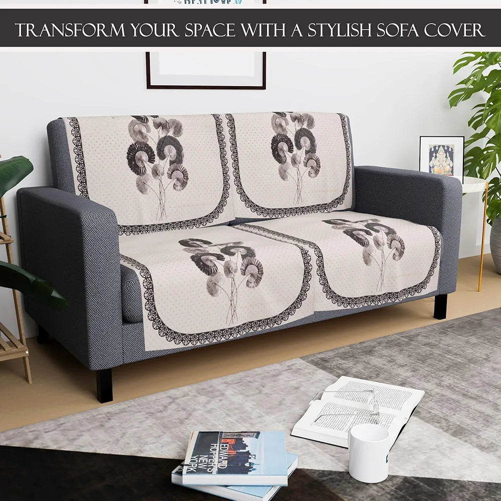 Kuber Industries Set of 4 Velvet 2 Seater Sofa Covers for Living Room Digital Flower-Cream & Green