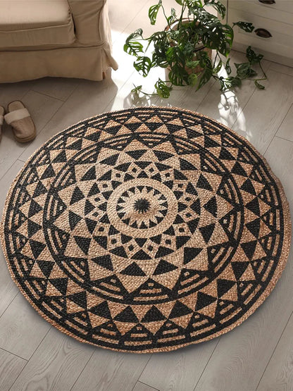 Sashaa World Handwoven Black Symmetric Design Jute Rugs Round Braided Floor Carpet Mat