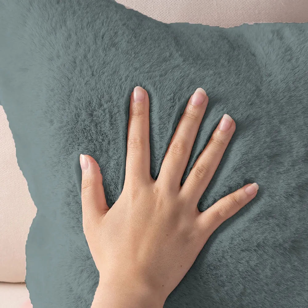 Luxe Home Cushion Cover One Side Rabbit Fur Plain Design Covers Set of 2 Colour Seige