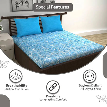 Divine Casa 144 TC Pure Cotton Double Size Bedsheet with 2 Pillow Covers Floral Paisley Colour White Aqua Blue