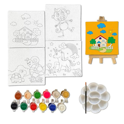 Mini Leaves Mini Canvas Art and Craft Paint Kit for Beginner With Wooden Easel, Colours, Painting Brush for Girls Boys 4-6 Years | Set of 4
