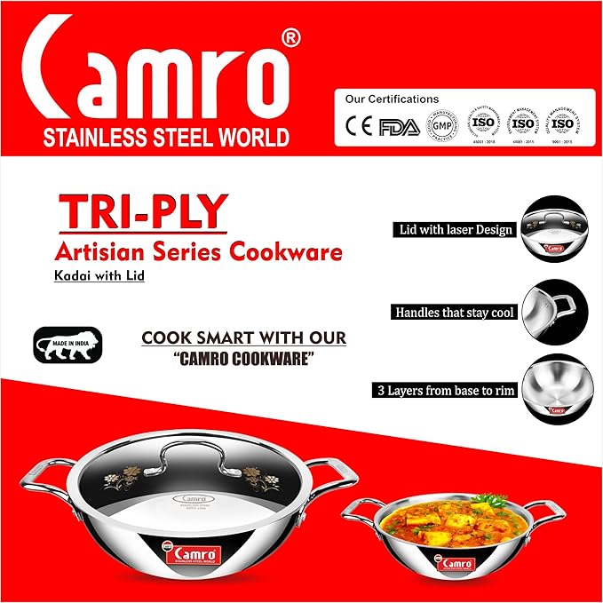 Camro Triply Artisian Kadhai With Lid 22 Cm 2 Liters kadhai Steel Stainless Kadhai For Deep Frying
