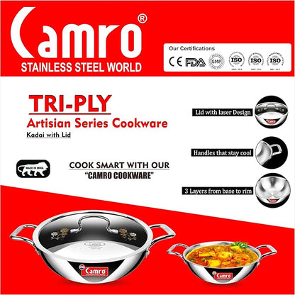 Camro Triply Artisian Kadhai With Lid 24 cm 2.4 Liters kadhai Steel Stainless Kadhai For Deep Frying