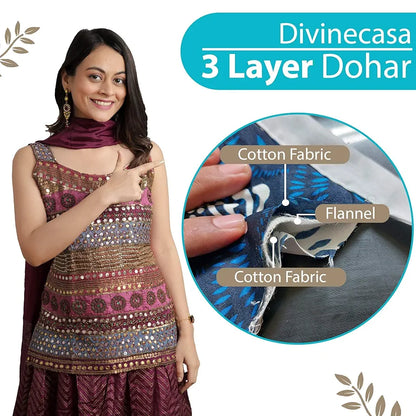 Divine Casa 120 GSM Dohar Single Bed Cotton Reversible Quilt AC Blanket for Winter Soft Light-Weight Bed Razzai Colour Blue and Grey