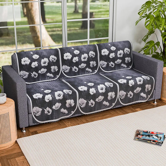 Kuber Industries Set of 6 Durable 3 Seater Sofa Covers for Living Room Lotus Print Grey