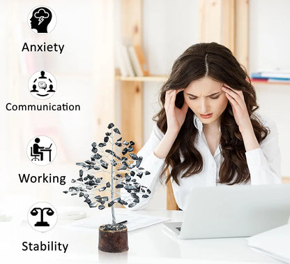 Crocon Black Tourmaline Gemstone Money Tree Feng Shui Bonsai Silver Wire