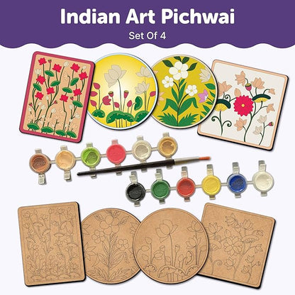 Mini Leaves Colorful Round and Square Pichwai Wooden DIY Tea Coaster Art and Craft Paint Kit | Advanced Level