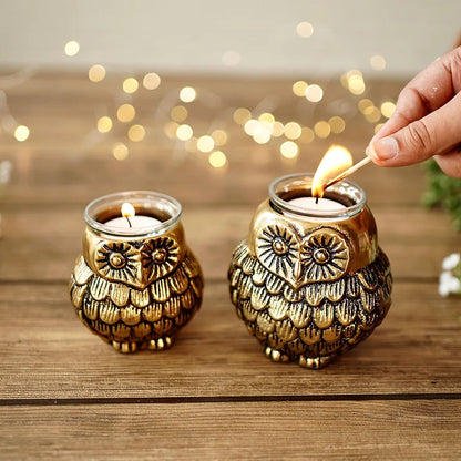 BEHOMA Aluminium Owls with Votives Set of Mother and Child | Statue for Home Decor Tabletop Living Room | Candle Holder Gift Showpiece for Mothers Day, Birthday, Anniversary | Votives Candle Included