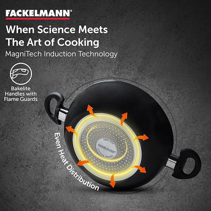 Fackelmann Quartz Nonstick Kadai Glass Lid 28 cm Cool Handle Even Heating Black
