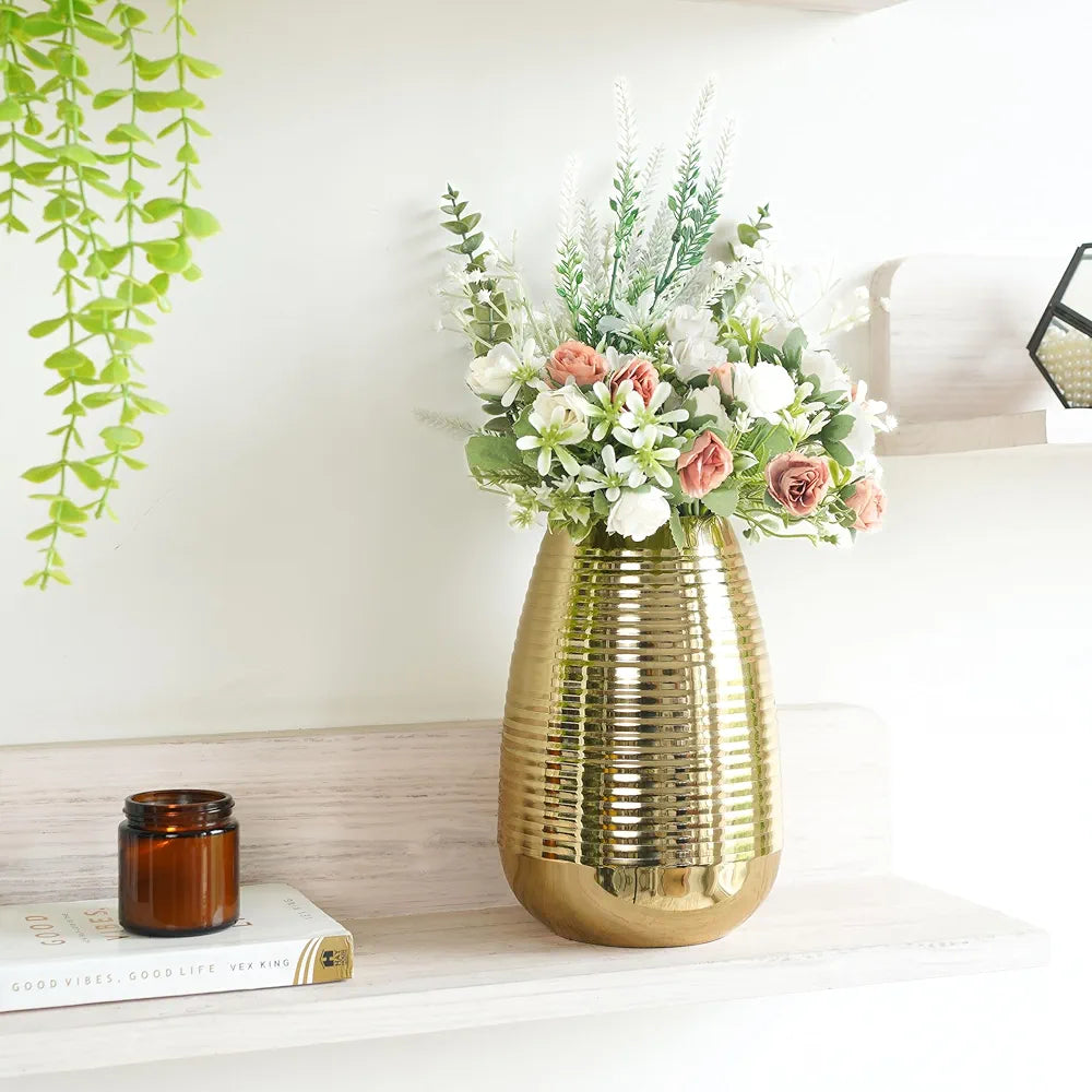 Behoma Oval Shape Metal Flower Vase Ribbed vase 8.7 inches Golden 1Pc Flowers not Included