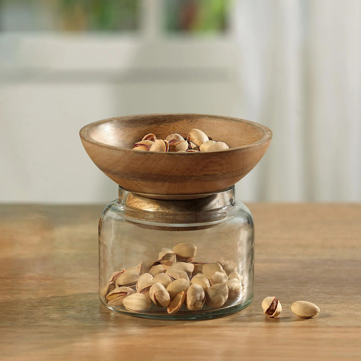 Ellementry Twain Glass Jar with Wooden Bowl | 200ml | Transparent | BPA-Free | Spice Storage