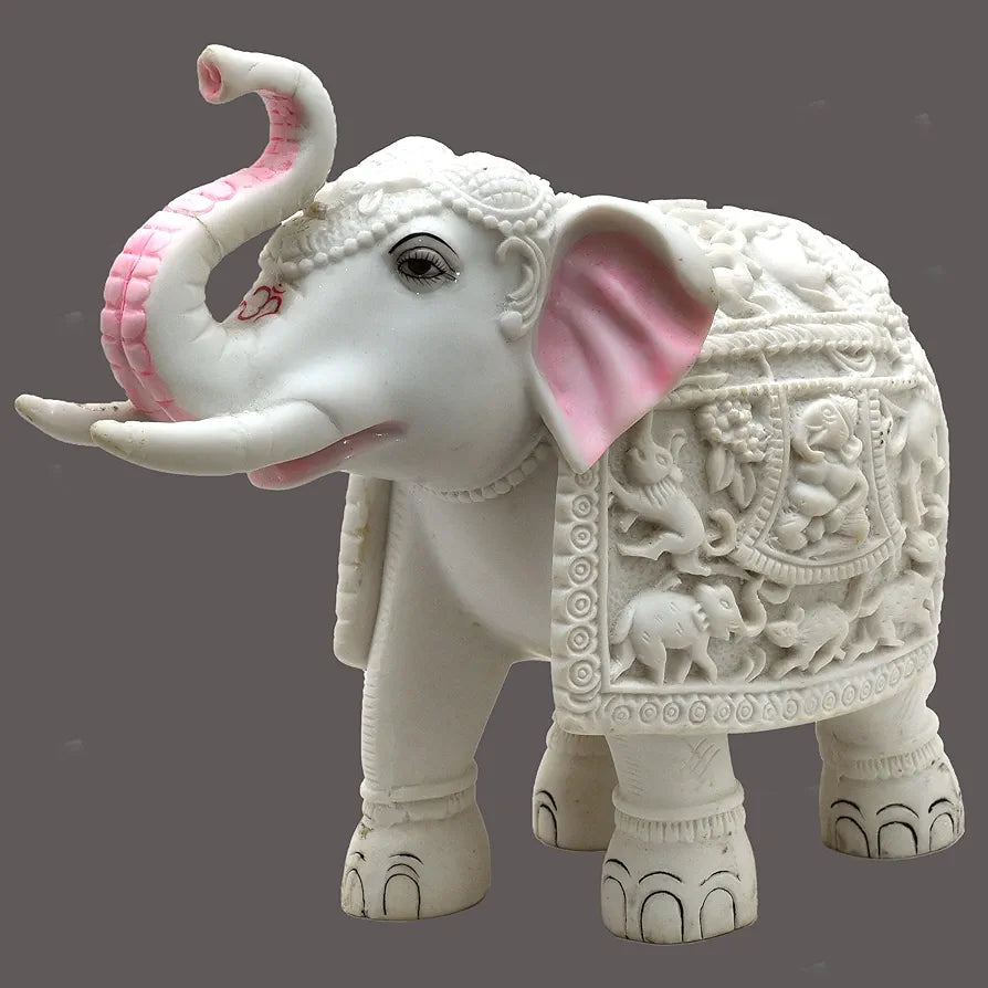 Kraftskala White Elephant Showpiece Animal Carving Big Size Marble Resin Aesthetic Statue
