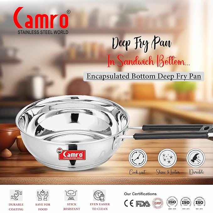 Camro Induction Bottom Deep Fry Pan 13 No 3.1 Liters Stainless Steel Dishwasher Safe