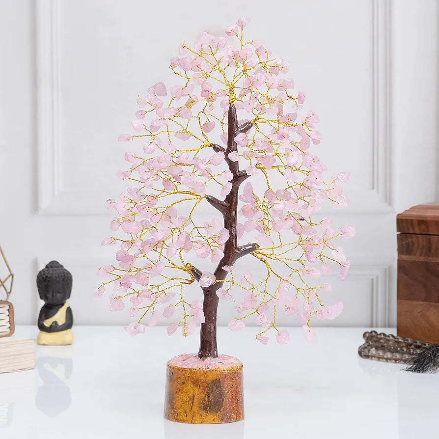 Hindcraft Rose Quartz Crystal Tree Golden Wire 10-12 inch