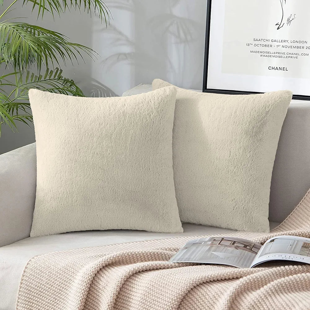 Luxe Home Cushion Cover One Side Rabbit Fur Plain Design Covers Set of 2 Colour Beige
