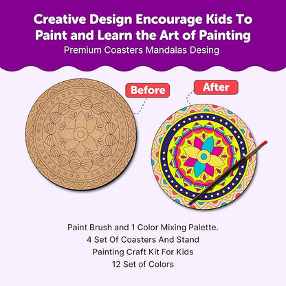 Mini Leaves Wooden Mandala Painting Art and Craft Kit With Wooden Stand- Advance Level | Tea Coaster Diy Art and Craft Kit | Set of 4