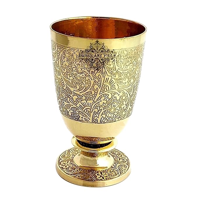 Indian Art Villa Pure Brass Glass Tumbler With Goblet Design - 350 gms