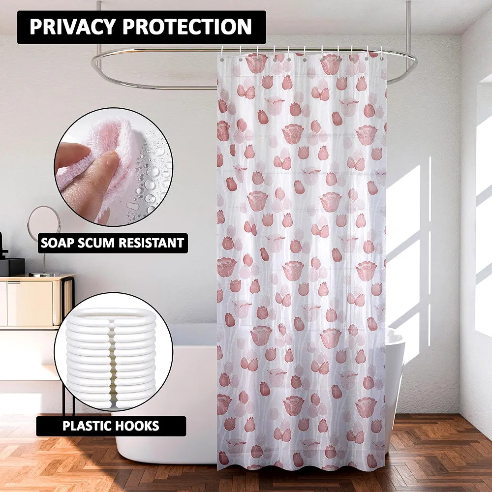 Kuber Industries Shower Curtain Bathroom Shower Curtain 8 Rings Curtain Brown Gulab Blury Transparent
