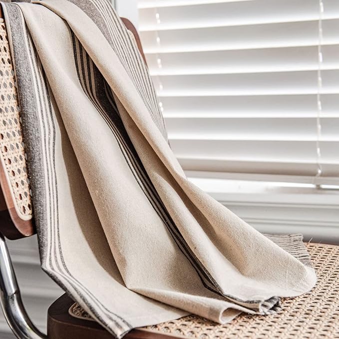 Huesland Cotton Curtains for Windows, 5 Feet Long 1 Bohemian Eyelet Curtain | Beige & Grey Stripes
