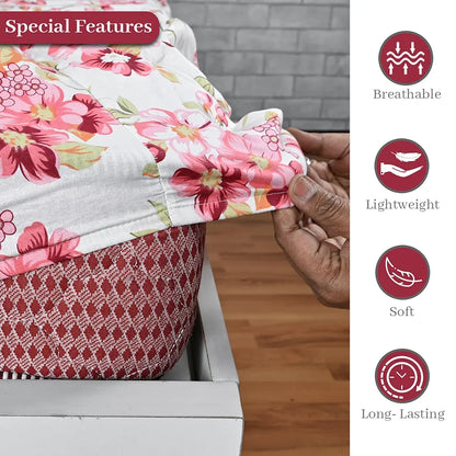 Divine Casa Floret 100% Cotton King Fitted Bedsheet 144 TC Deep Pocket Design Soft & Breathable Fabric Colour Rosy Retreat